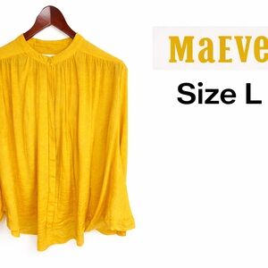 Maeve Anthropologie Mustard Yellow Blouse Women's L Long Sleeve Crinkle Top EUC